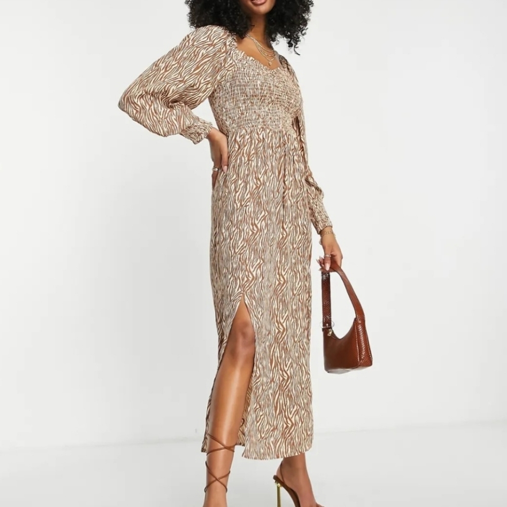 River Island Animal Print Shirred Midi Dress In Brown